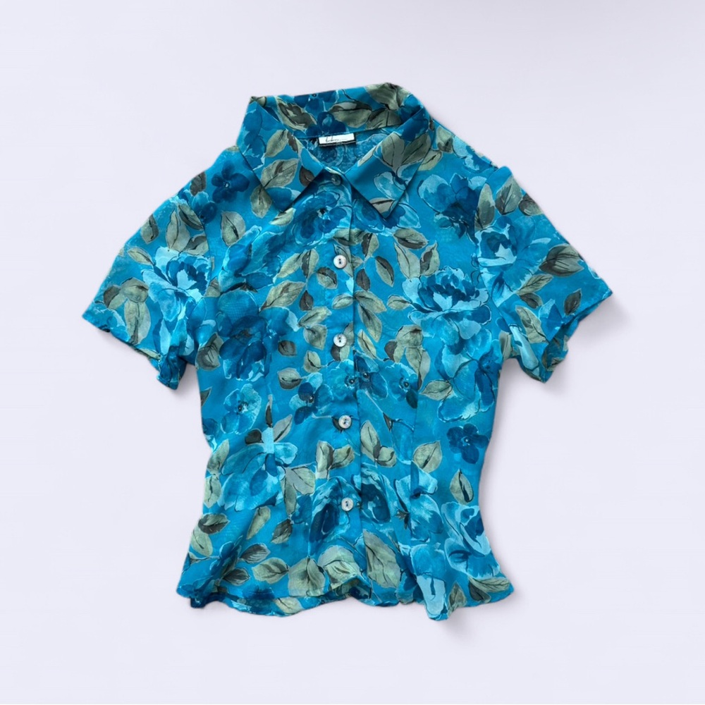 Y2K Style Believe Bright Blue Sheer Floral Fitted Button-Up Top S